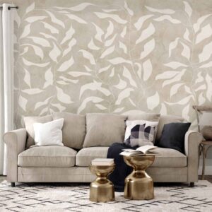 Fotótapéta - White leaves - abstract plant motif on beige background with frame