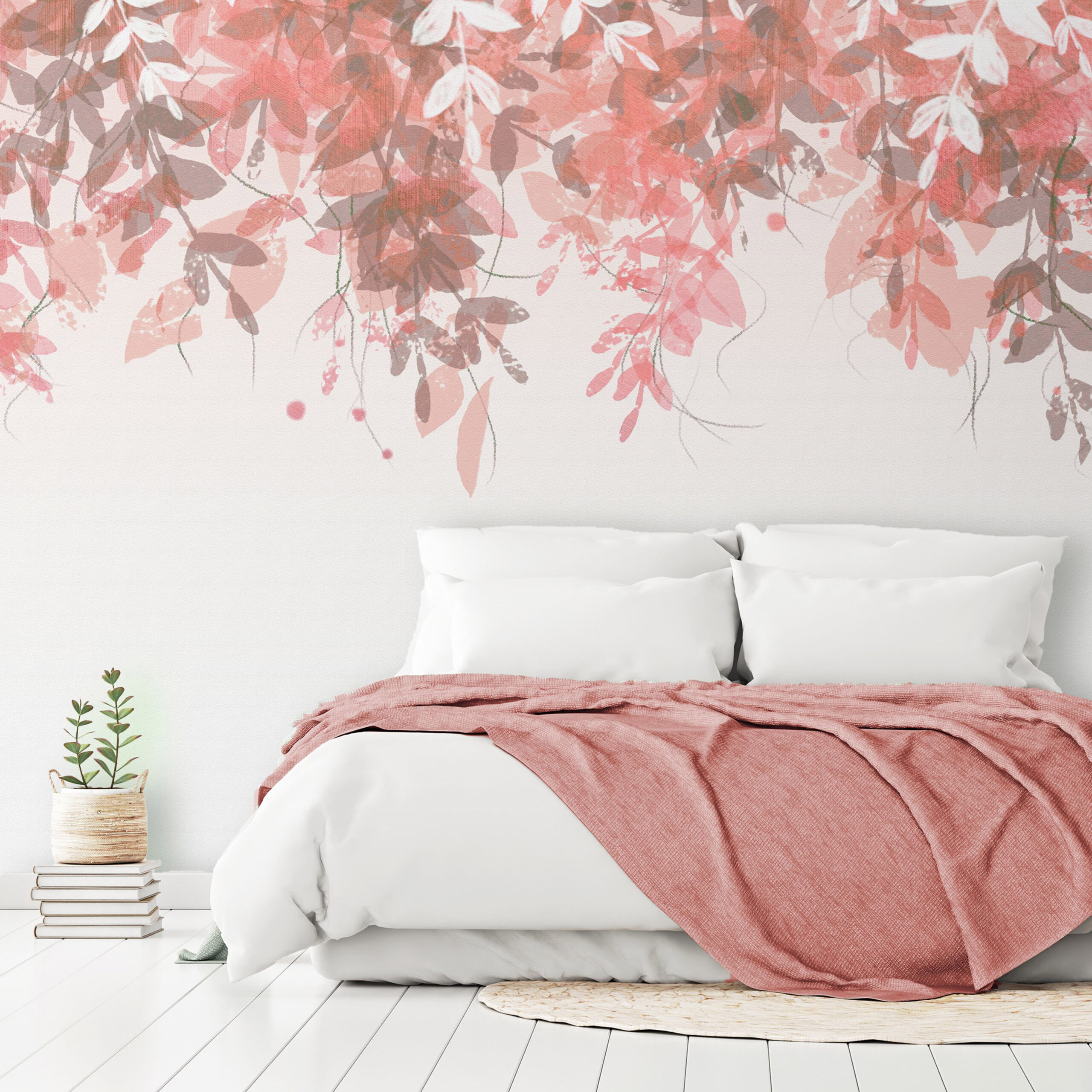 Fotótapéta - Under vegetation - hanging vines of pink leaves on a neutral background - Image 2