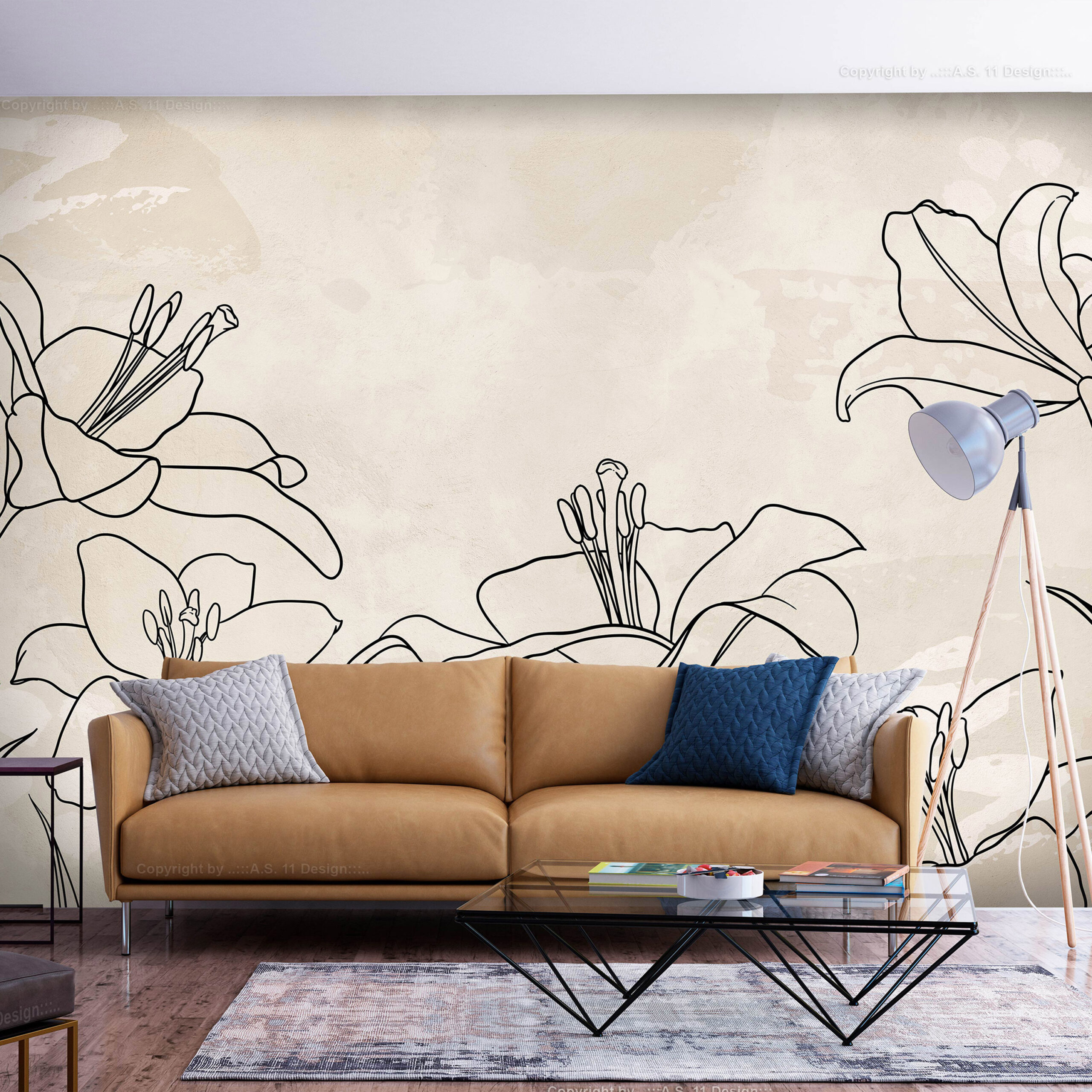 Fotótapéta - Sketch of nature - minimalist lineart with lily flowers on a beige background - Image 2