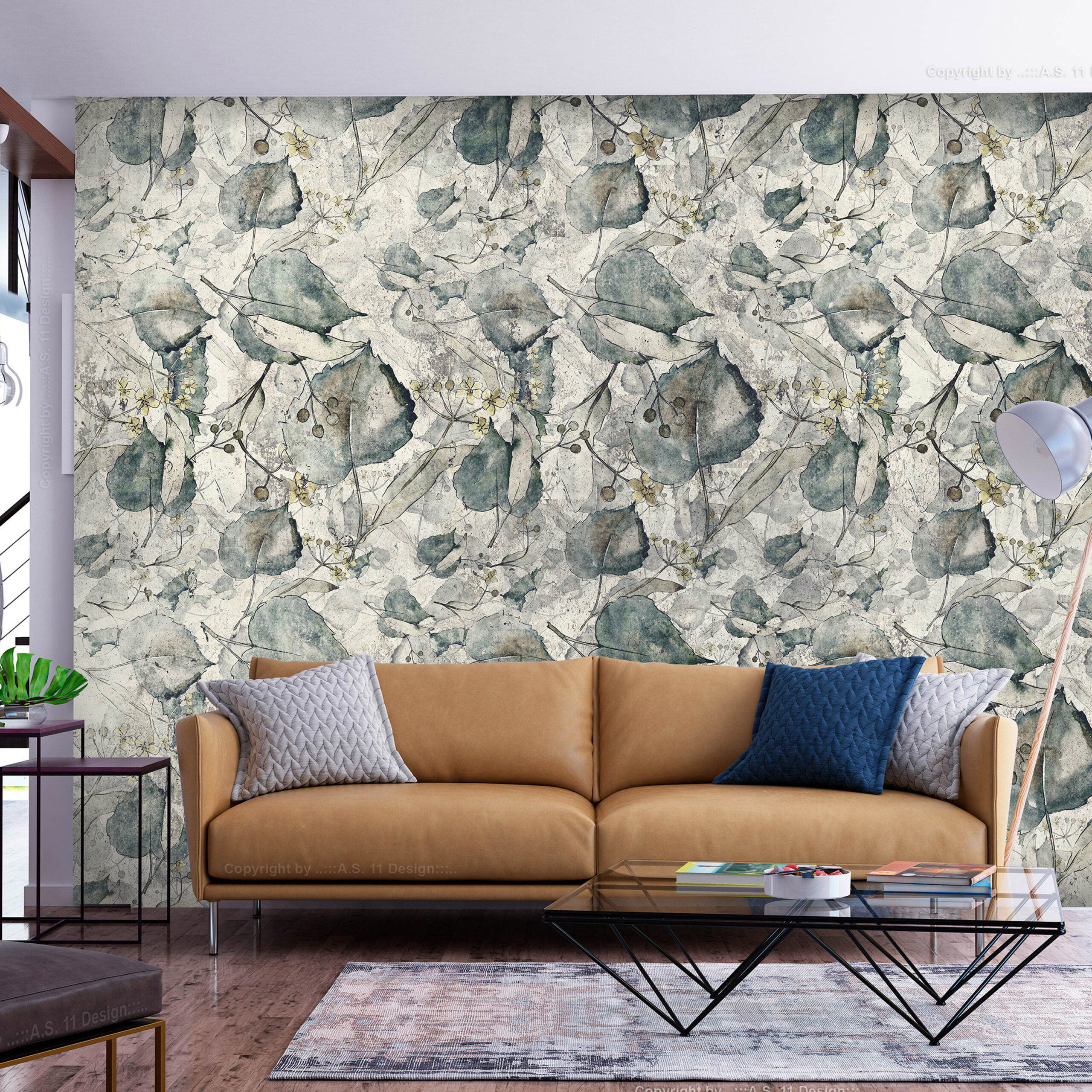 Fotótapéta - Autumn souvenirs - cool grey floral pattern with leaves - Image 2