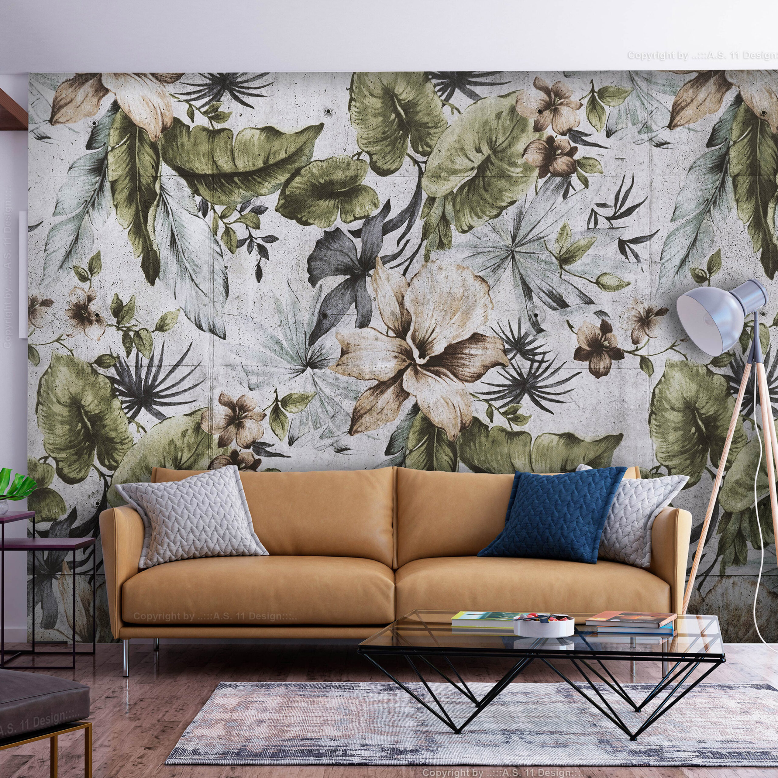 Fotótapéta - Nature in retro style - jungle landscape with pale leaves and flowers - Image 2