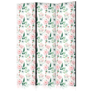 Paraván - Peonies - Pink and White Flowers and Green Leaves on a White Background