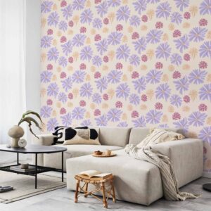 Tapéta - Floating Flowers - Tiny - wind-borne flowers in three colors - on a light background.