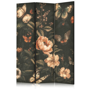 Paraván - Mysterious Garden - Butterflies Flying Over Flowers - Rustic Evening