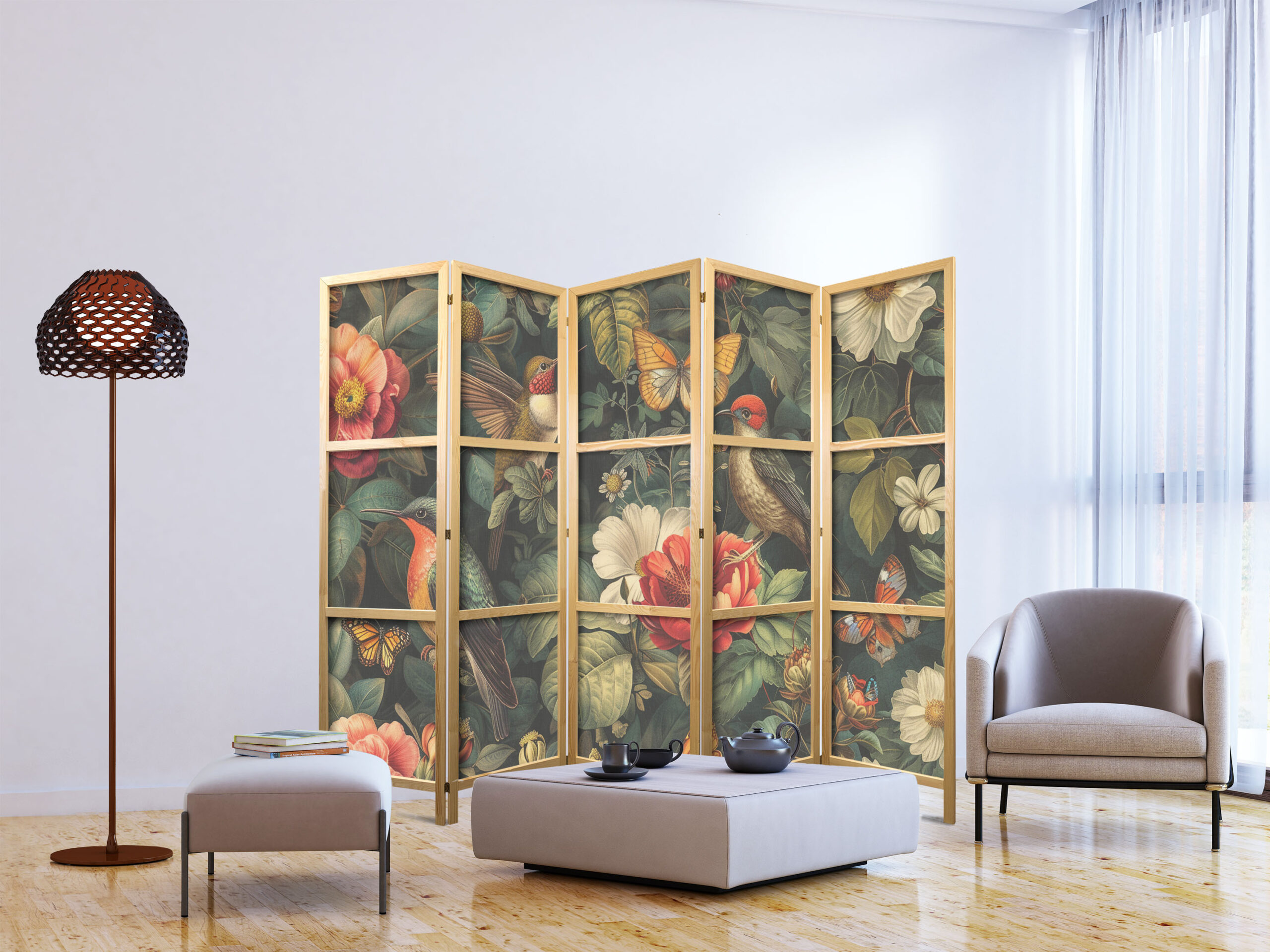 Japán paraván - In the Botanical Garden - Flowers Birds and Butterflies - Colorful Illustration - Image 5