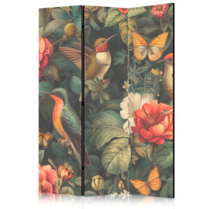 Paraván - In the Botanical Garden - Flowers Birds and Butterflies - Colorful Illustration