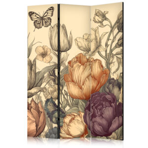 Paraván - Tulips in Cream - Illustration of Flowers and Butterflies on a Light Background