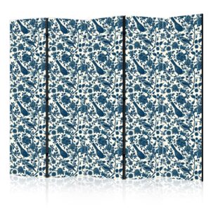 Paraván - Rose Vines - Monochromatic Blue Birds Resting Among Roses