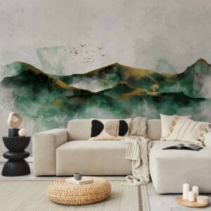 Fotótapéta - Abstract landscape - green mountains with golden patterns and birds