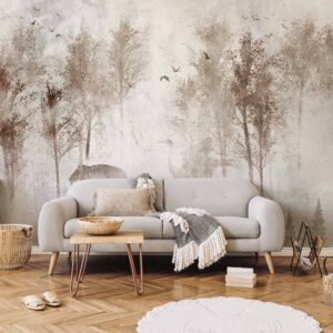 Fotótapéta - Among the trees - landscape in grey tones in fog in a clearing with birds
