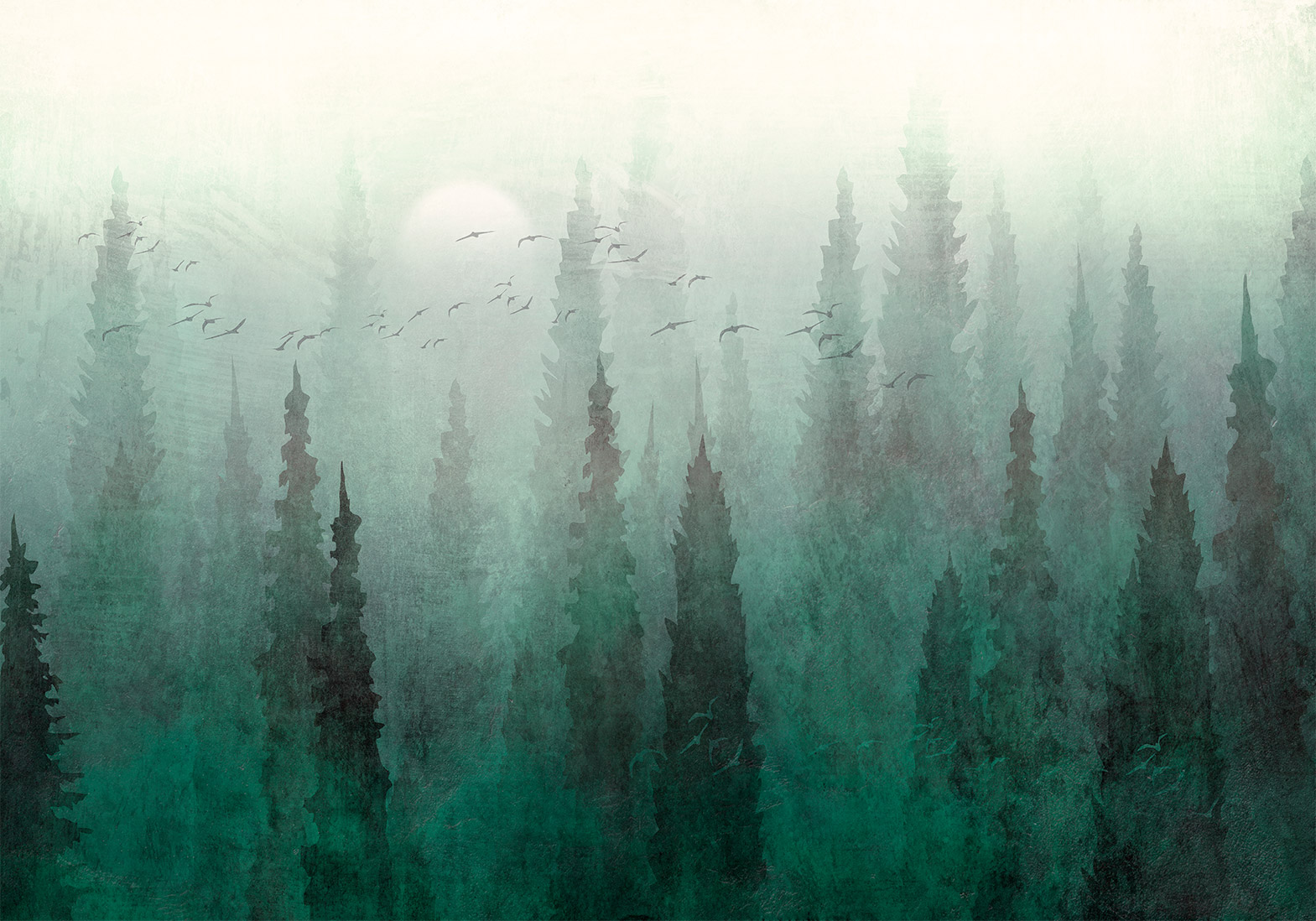 Fotótapéta - Bird's eye perspective - landscape of a green forest with trees in the mist - Image 6