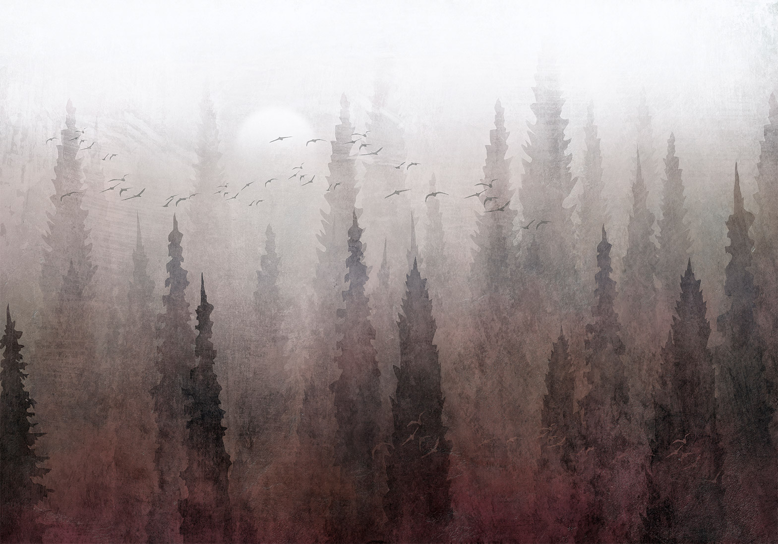 Fotótapéta - Bird's flight over treetops - landscape of a dark forest in fog - Image 6