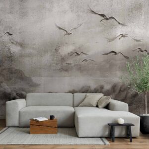 Fotótapéta - Swan flight - abstract landscape of birds over a lake with texture