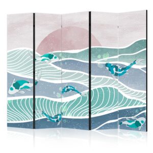 Paraván - Picturesque Landscape With Fish - Sunset And Koi Fish in Shades of Turquoise And Blue. Floating Above The Water