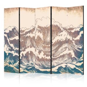 Paraván - Turbulent Ocean - High Waves in Brown And Navy Colors on a Beige Background in Vintage Style