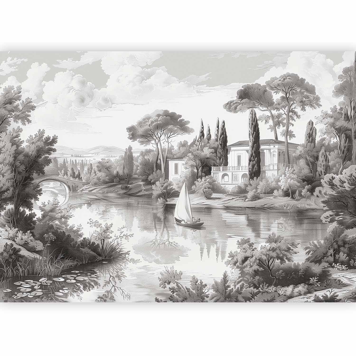 Fotótapéta - Black and White Vintage Landscape Retro View of a Pond with a Boat - Image 2