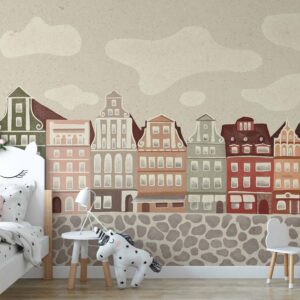 Fotótapéta - Salt Square - Colorful Illustrated Townhouses Against a Cloudy Sky Background
