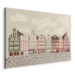 Kép - Salt Square - Colorful Illustrated Townhouses Against a Cloudy Sky Background