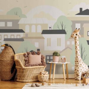 Fotótapéta - Yellow town - city suburb with trees and cats for children