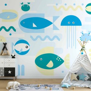 Fotótapéta - Animals in the sea - geometric blue fish in water for kids