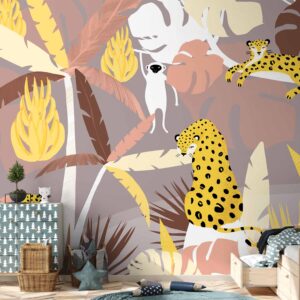 Fotótapéta - Cheetahs in the jungle - landscape with exotic animals with palm trees for children