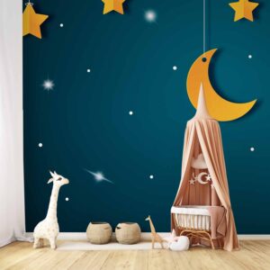 Fotótapéta - Skyline - turquoise night sky landscape with stars for children