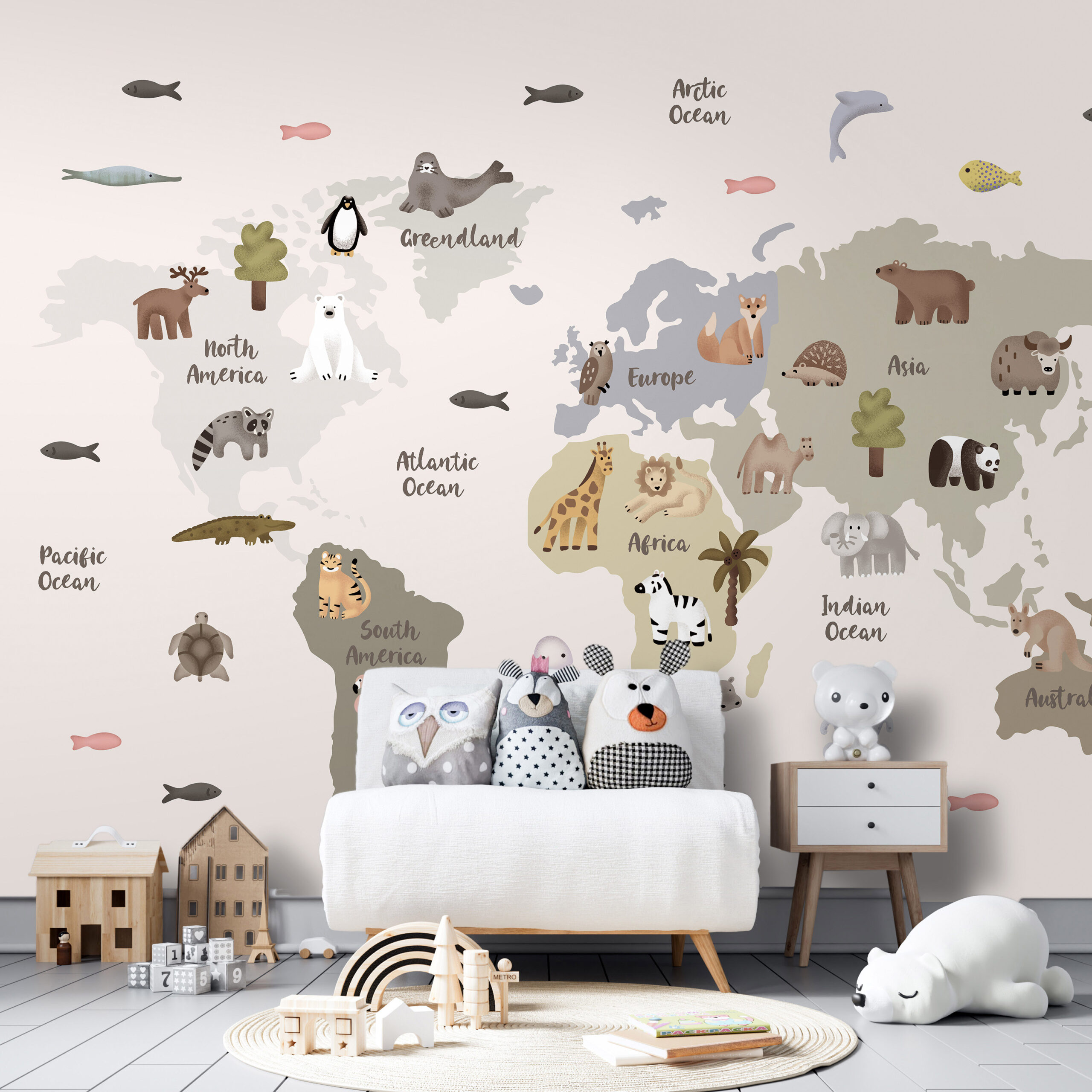 Fotótapéta - Pastel Map - Animals and Continents for Children's Room - Image 2
