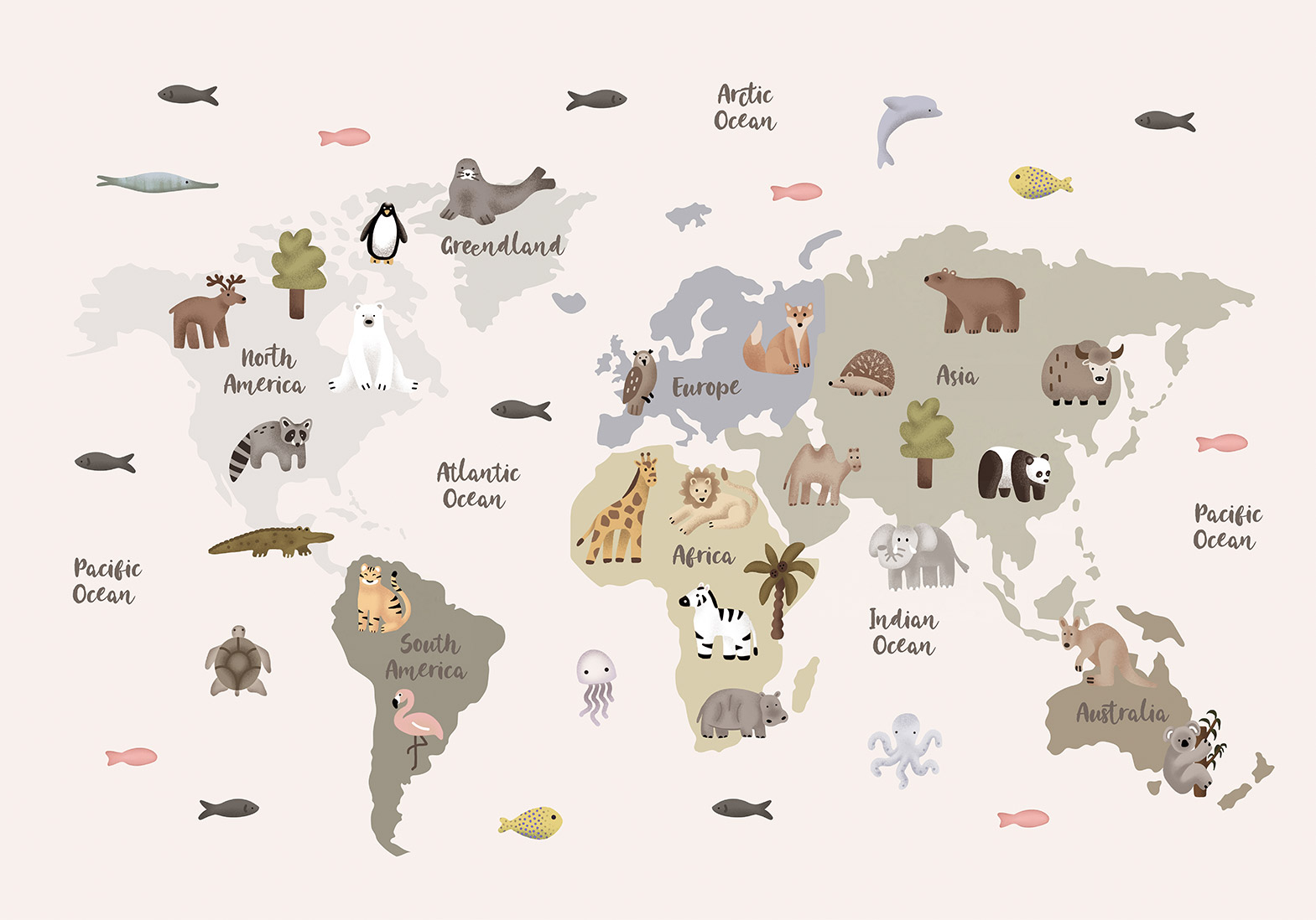 Fotótapéta - Pastel Map - Animals and Continents for Children's Room - Image 6