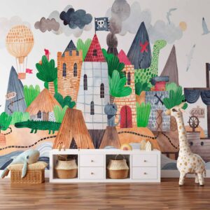 Fotótapéta - A colourful treasure island with a castle - a pirate ship at sea for children