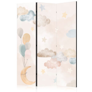 Paraván - Fairy-Tale Moon - Moon with Balloons Among Clouds and Stars in Subdued Colors on a Light Beige Background