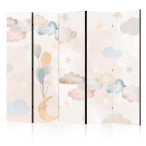 Paraván - Fairy-Tale Moon - Moon with Balloons Among Clouds and Stars in Subdued Colors on a Light Beige Background