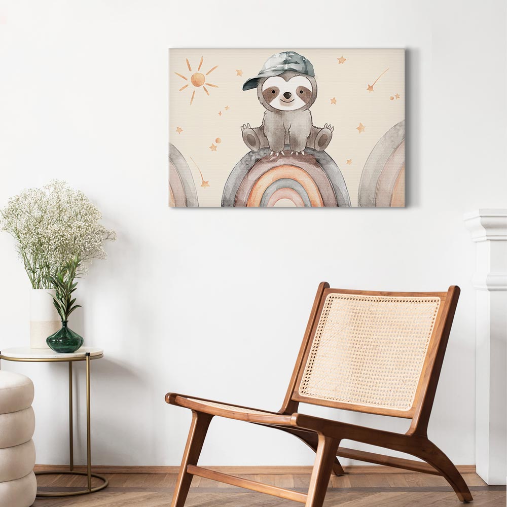Kép - Happy Sloth - Sloth in Subdued Colors Wearing a Cap Sitting on a Rainbow Among Little Stars - Image 2