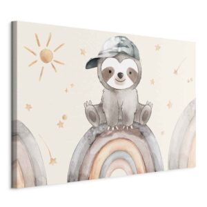 Kép - Happy Sloth - Sloth in Subdued Colors Wearing a Cap Sitting on a Rainbow Among Little Stars