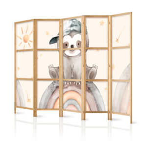 Japán paraván - Happy Sloth - Sloth in muted colors - wearing a cap - sitting on a rainbow among the stars.