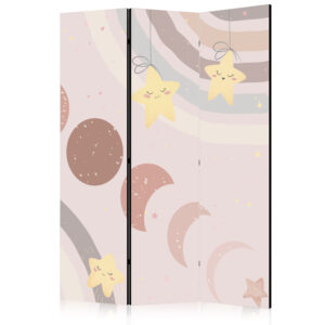 Paraván - Joyful Sky - Yellow Cheerful Stars with a Rainbow Against the Phases of the Moon - in the Sky Colored Light Beige