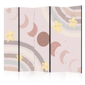 Paraván - Joyful Sky - Yellow Cheerful Stars with a Rainbow Against the Phases of the Moon - in the Sky Colored Light Beige