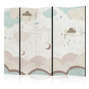 Paraván - Cloudy Night Sky - Moons in Browns and Beiges Amid Numerous Clouds and Stars on a Light Background