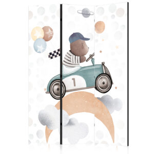 Paraván - Galactic Races - Bear Participating in Car Races Among Planets - Clouds - and Stars in Pastel Hues