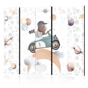 Paraván - Galactic Races - Bear Participating in Car Races Among Planets - Clouds - and Stars in Pastel Hues