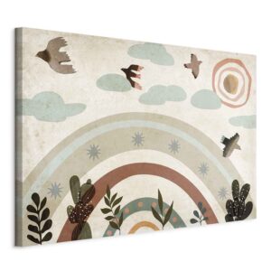 Kép - Rainbow and Sun Above - Birds in Subdued Colors Flying Among Clouds Above a Rainbow and Various Plants on a Light Background