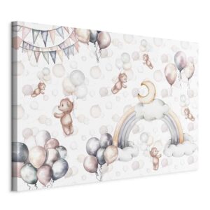 Kép - Toy Bears with Balloons - Flying Plush Bears Among Balloons Clouds and Rainbows in Subtle Pastel Hues