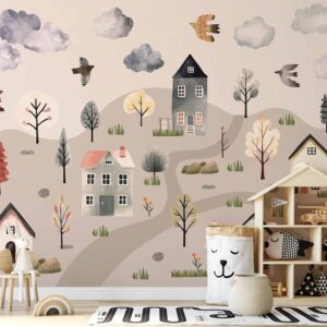 Fotótapéta - Scandinavian Valley - Village in Pastel Colours Painted in Watercolours