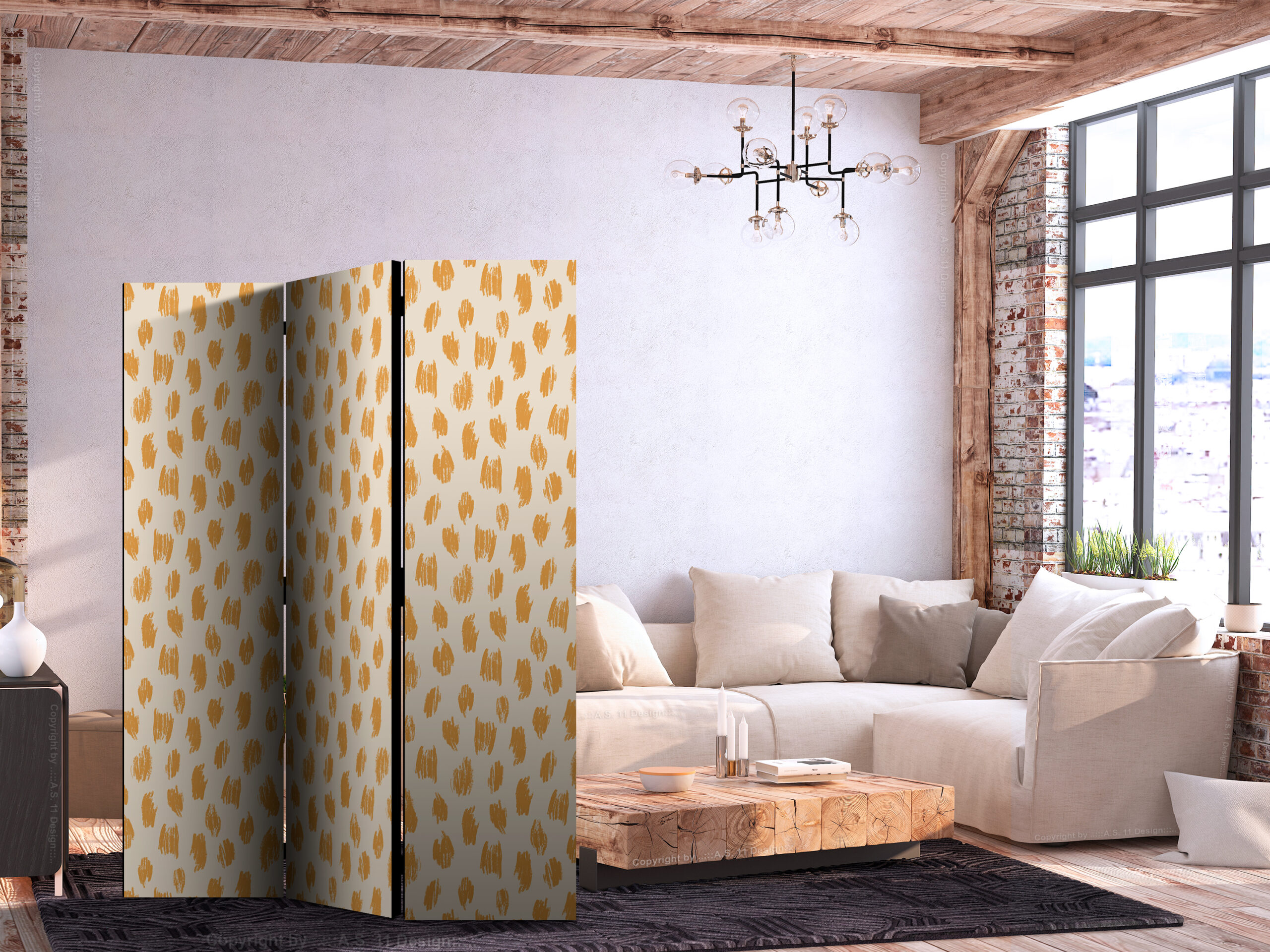 Paraván - Drawn Pattern in Spots and Dots in Shades of Orange and Ecru - Image 2