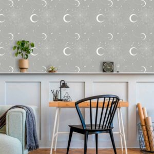 Tapéta - Cosmic Fireworks - Elegant pattern with moons and stars on a gray background.