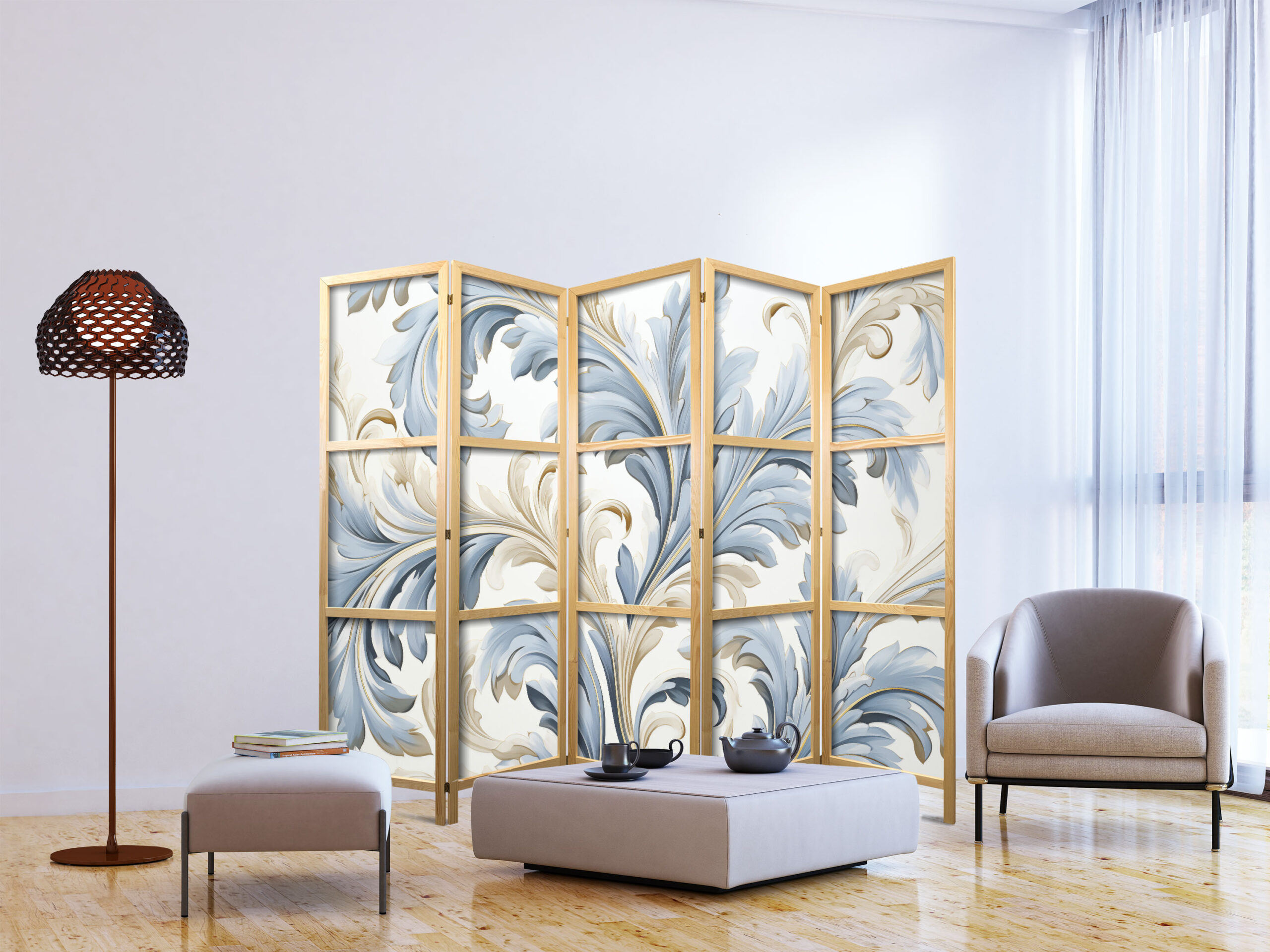 Japán paraván - Baroque Ornaments in Light - Cream-Blue Colors - Image 5