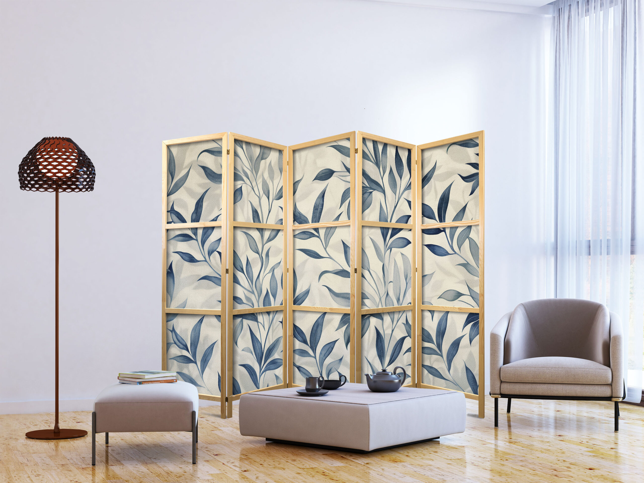 Japán paraván - Leaves in Blue Colors - Delicate Botanical Motif - Image 5