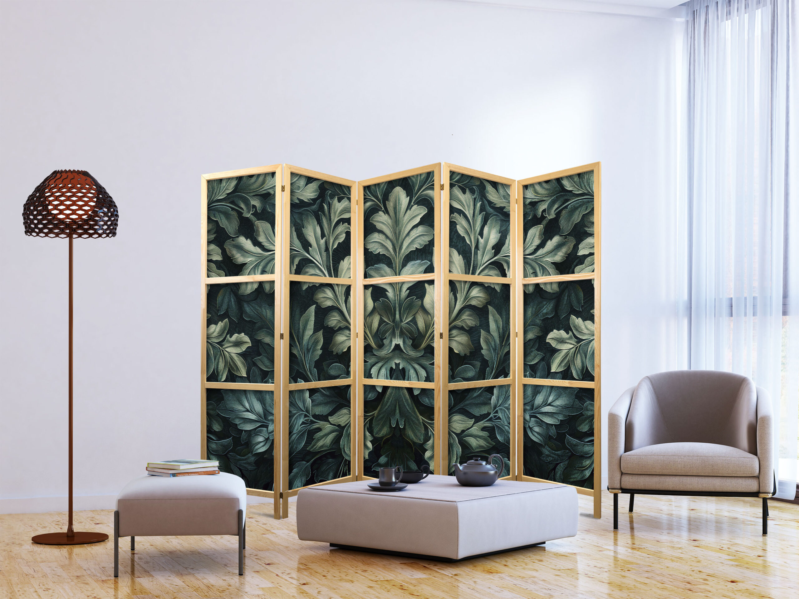 Japán paraván - Dark Green Victorian Leaves - Botanical Carved Composition - Image 5