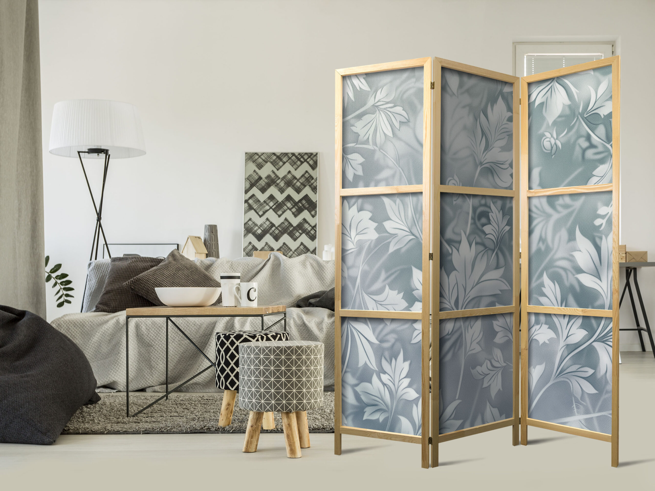Japán paraván - Ornaments in Worn Muted Turquoises - Delicate Plant Pattern - Image 2