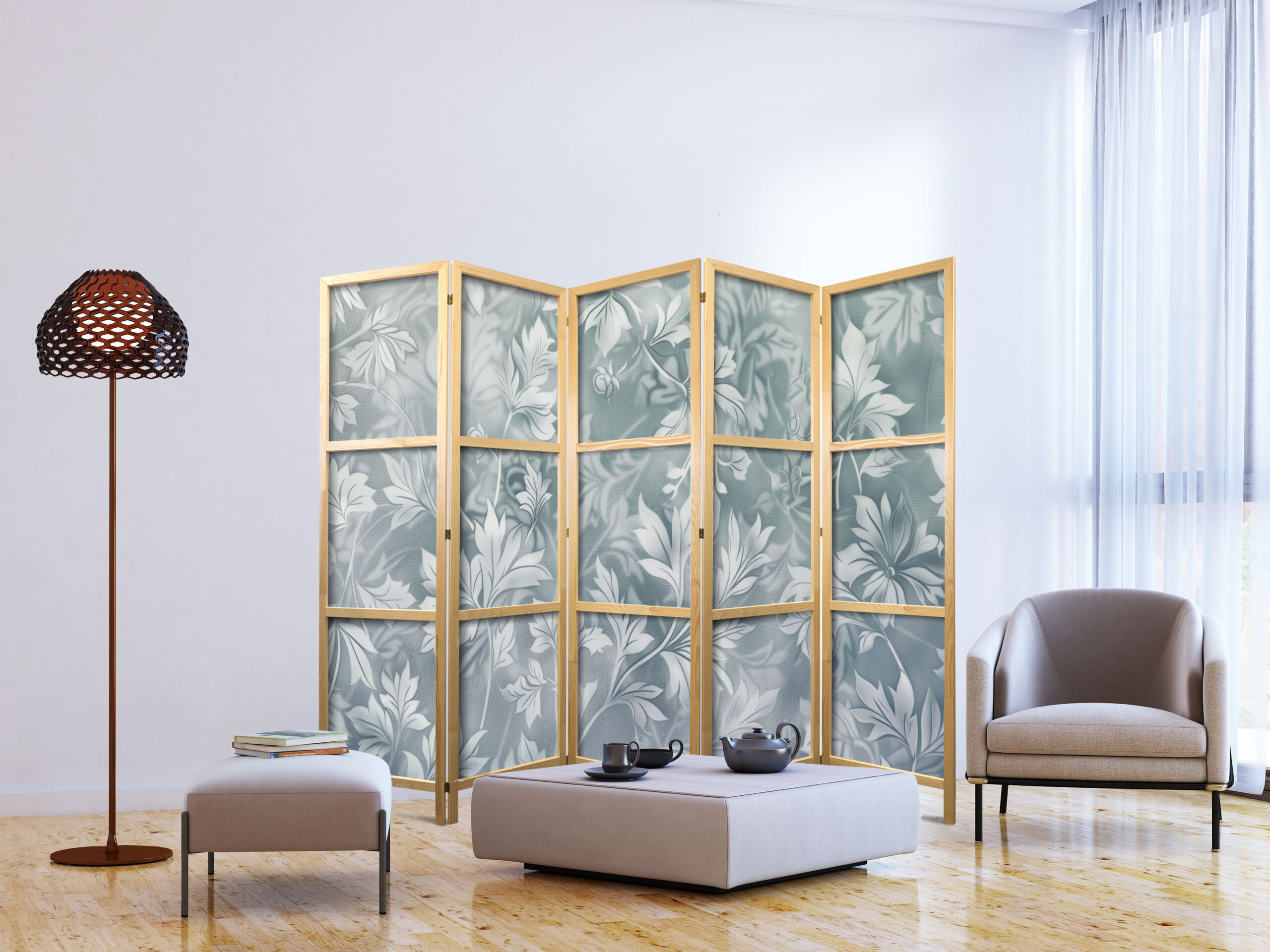 Japán paraván - Ornaments in Worn Muted Turquoises - Delicate Plant Pattern - Image 5