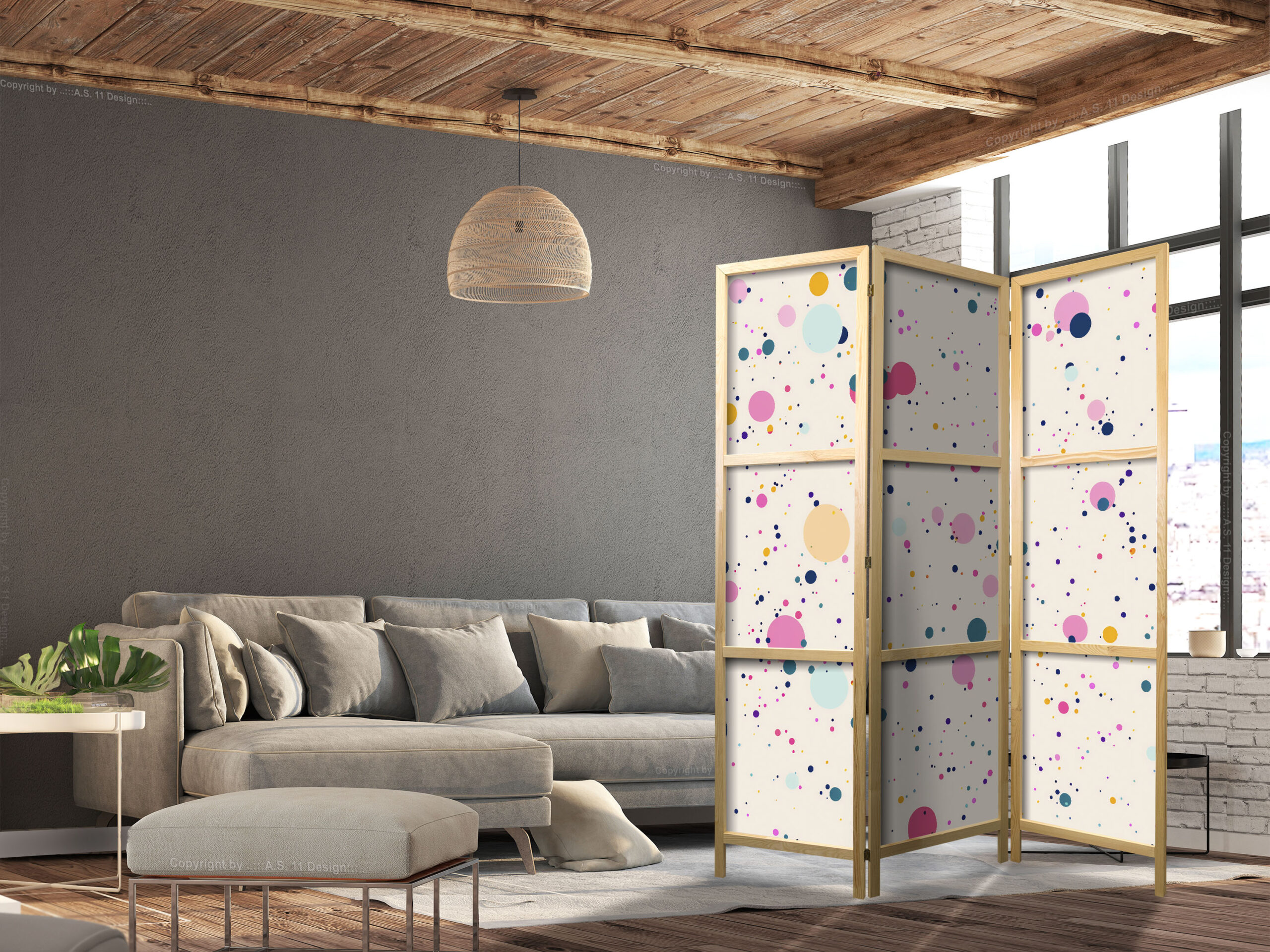 Japán paraván - Dots - Spots and Splashes Multicolored - Cheerful Pattern on a Light Pink Background. - Image 5